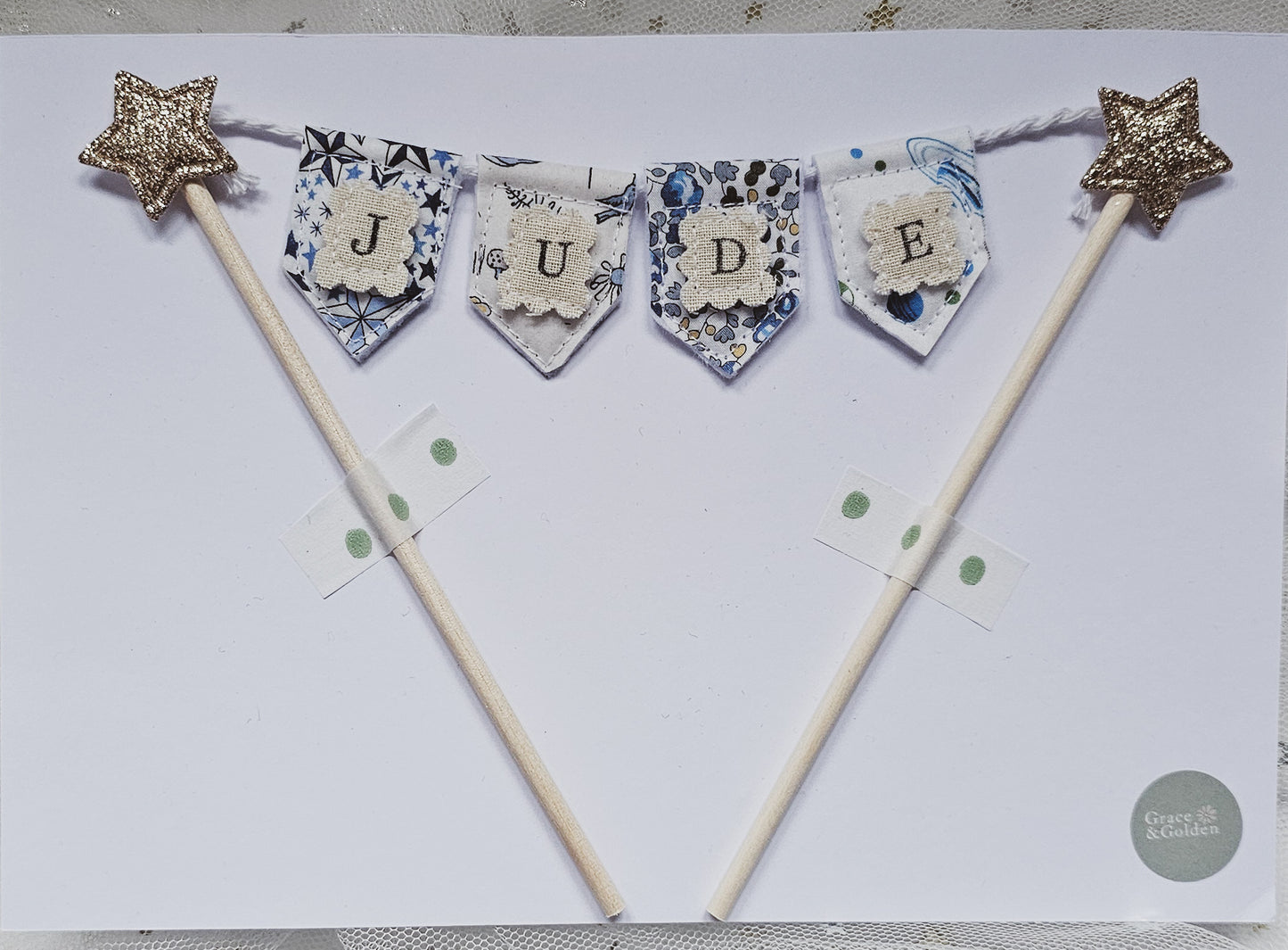 Personalised Bunting Cake Topper in mix of Blue Liberty London Fabrics