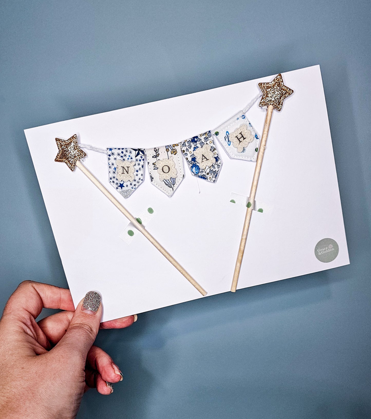 Personalised Bunting Cake Topper in mix of Blue Liberty London Fabrics