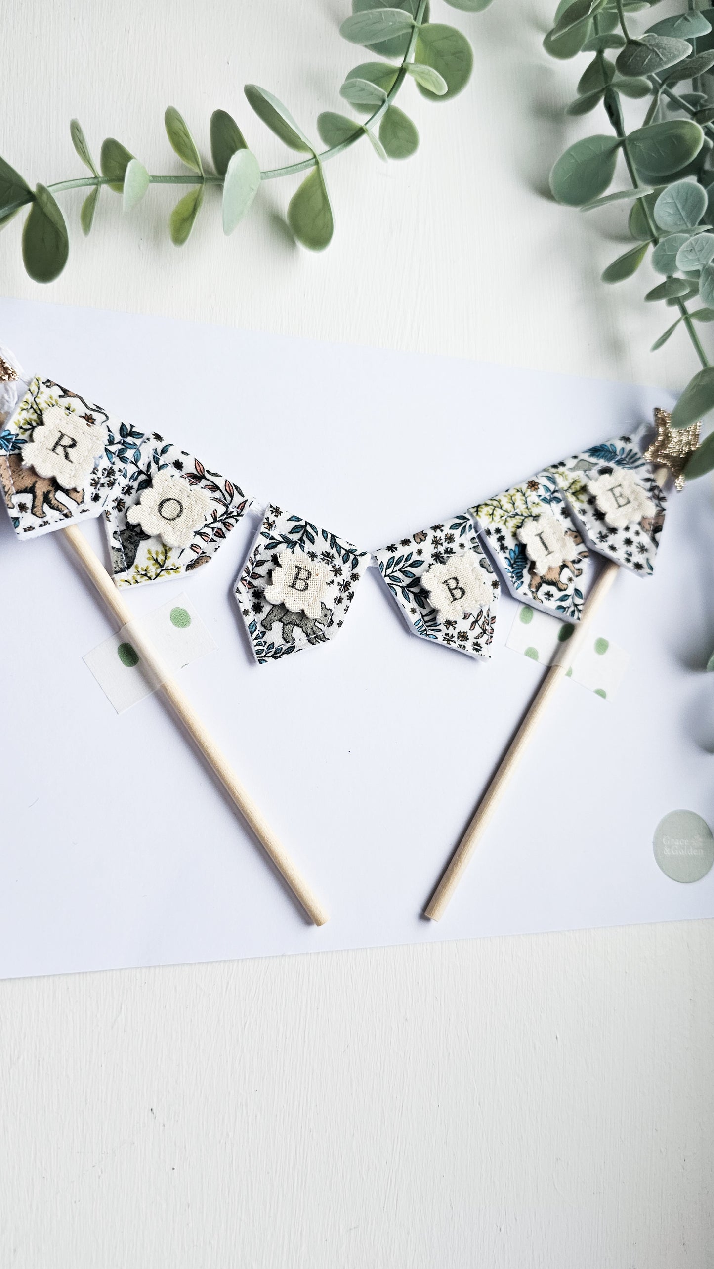 Personalised Bunting Cake Topper in Feldberg Forest London Fabrics, Teddy Bears Picnic theme party