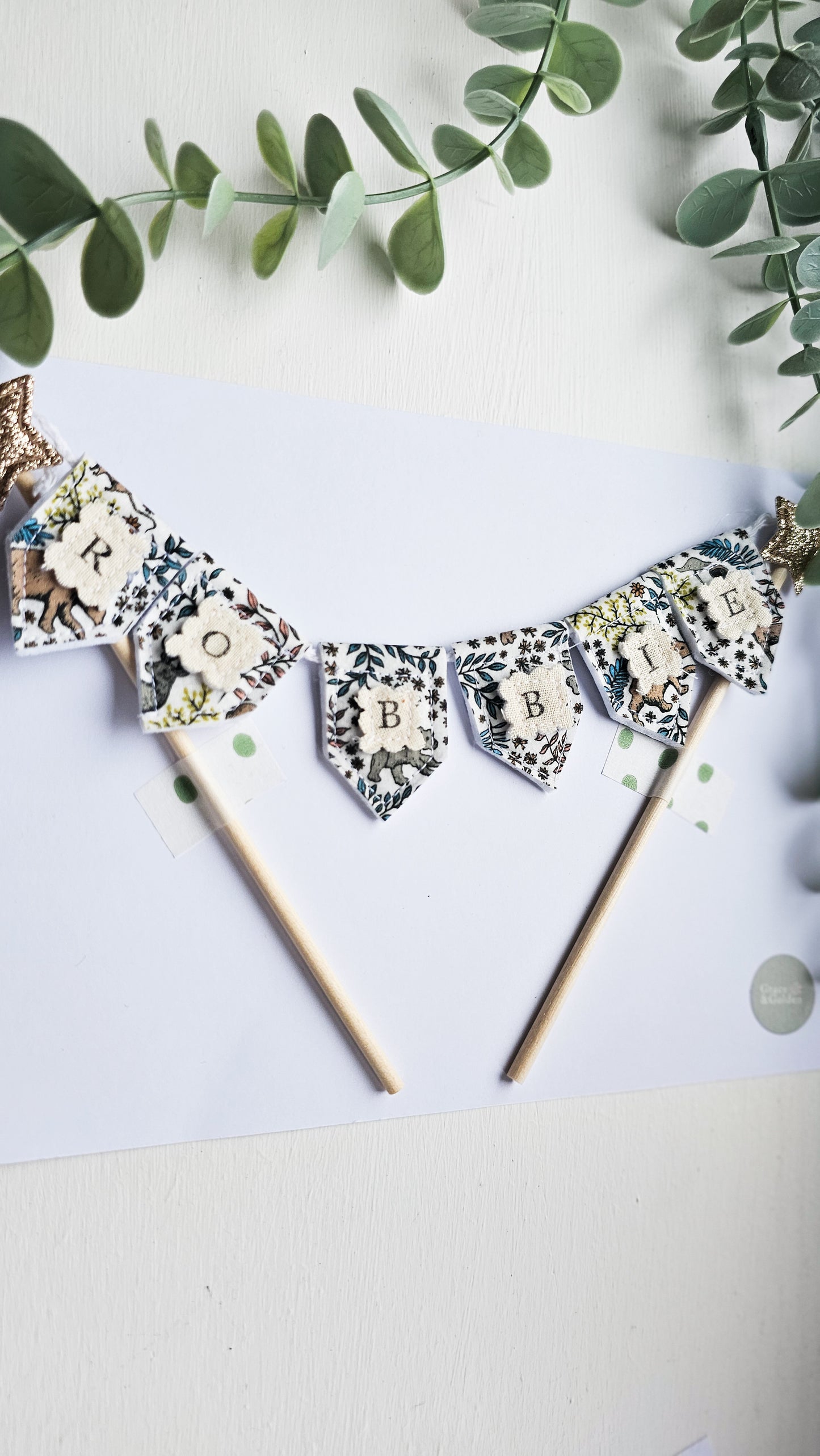 Personalised Bunting Cake Topper in Feldberg Forest London Fabrics, Teddy Bears Picnic theme party