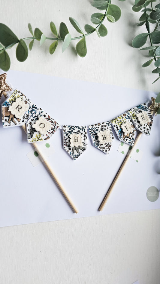 Personalised Bunting Cake Topper in Feldberg Forest London Fabrics, Teddy Bears Picnic theme party