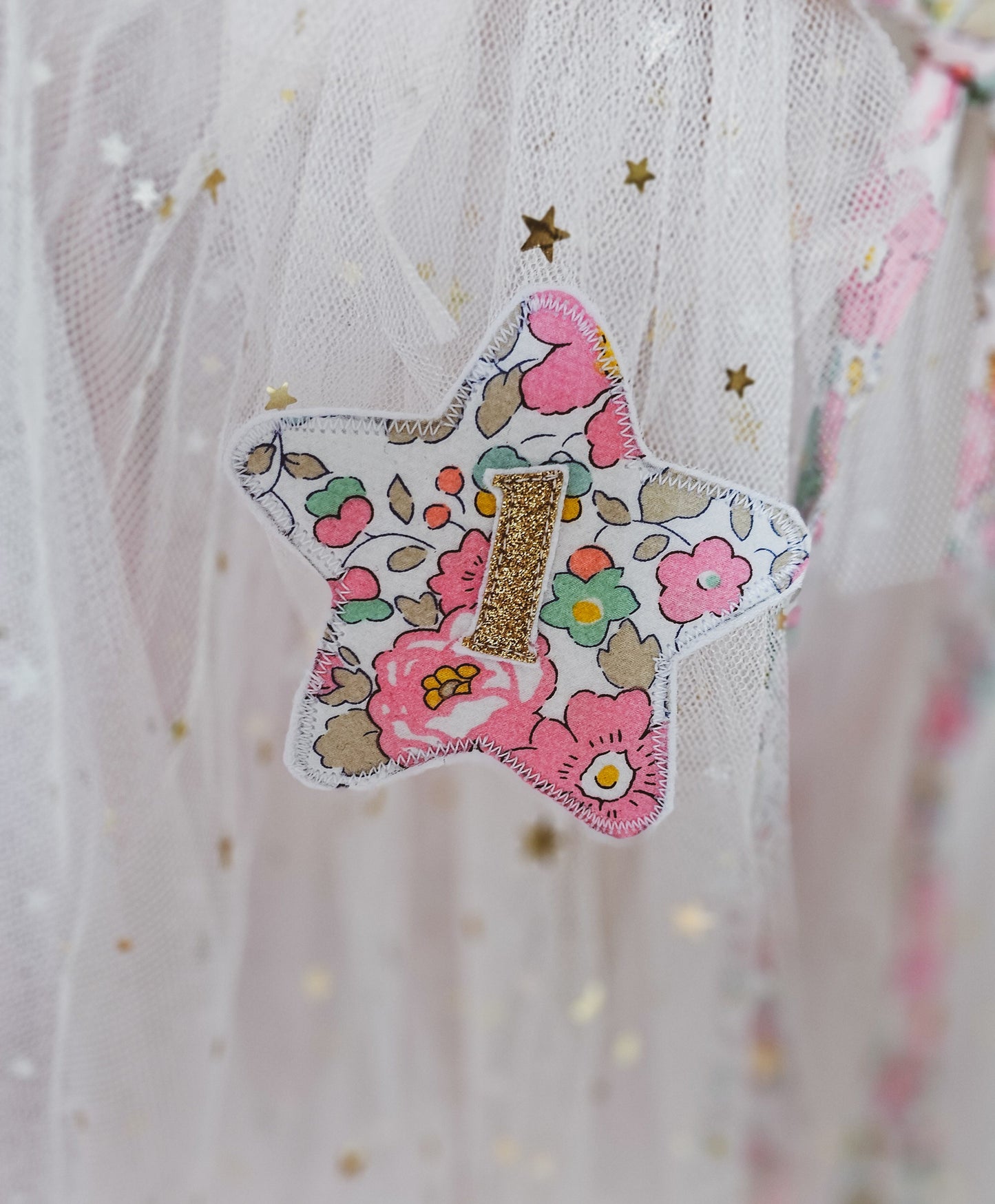 Birthday badge, handmade using floral liberty of London fabrics  (Personalisation available)