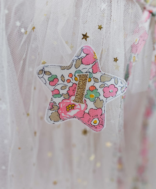 Birthday badge, handmade using floral liberty of London fabrics  (Personalisation available)