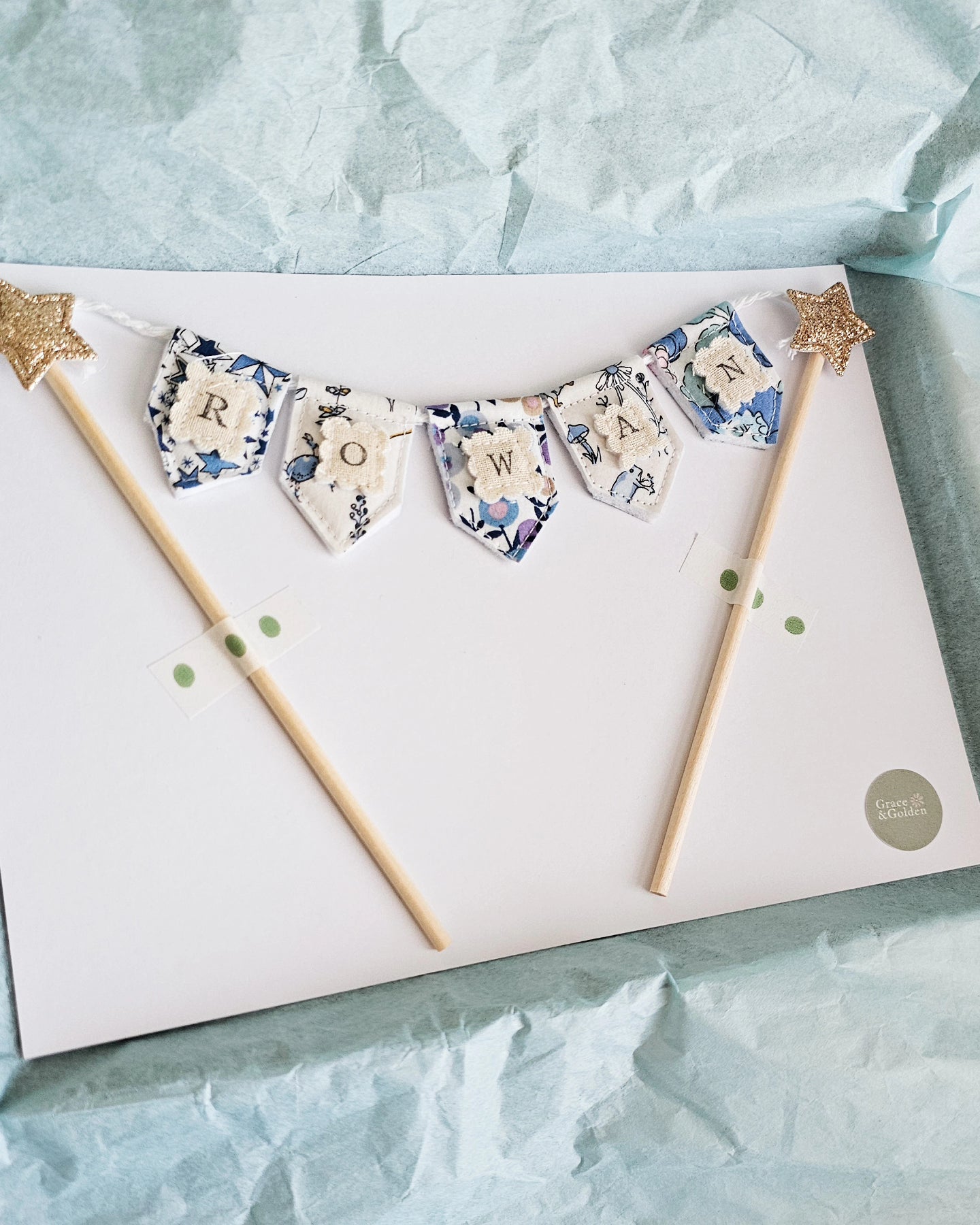 Personalised Bunting Cake Topper in mix of Blue Liberty London Fabrics