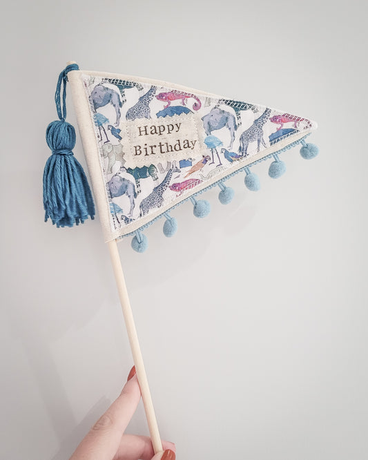 Personalised Birthday Flag cake topper decoration, choose from Safari theme, Space theme, and more!