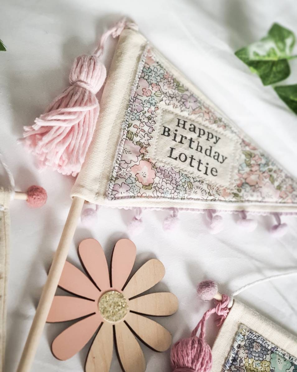 Personalised Birthday Flag cake topper decoration handmade with your choice of Liberty London fabric