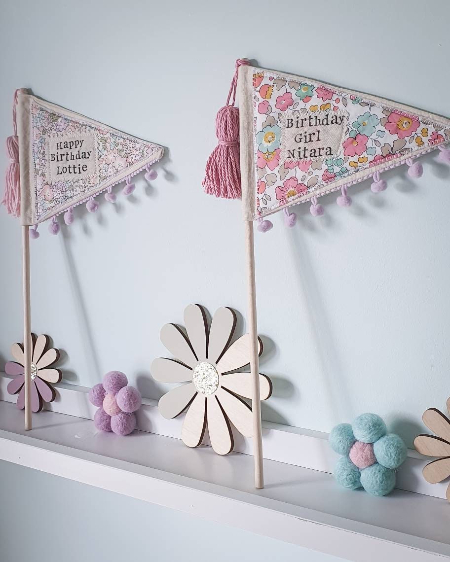 Personalised Birthday Flag cake topper decoration handmade with your choice of Liberty London fabric