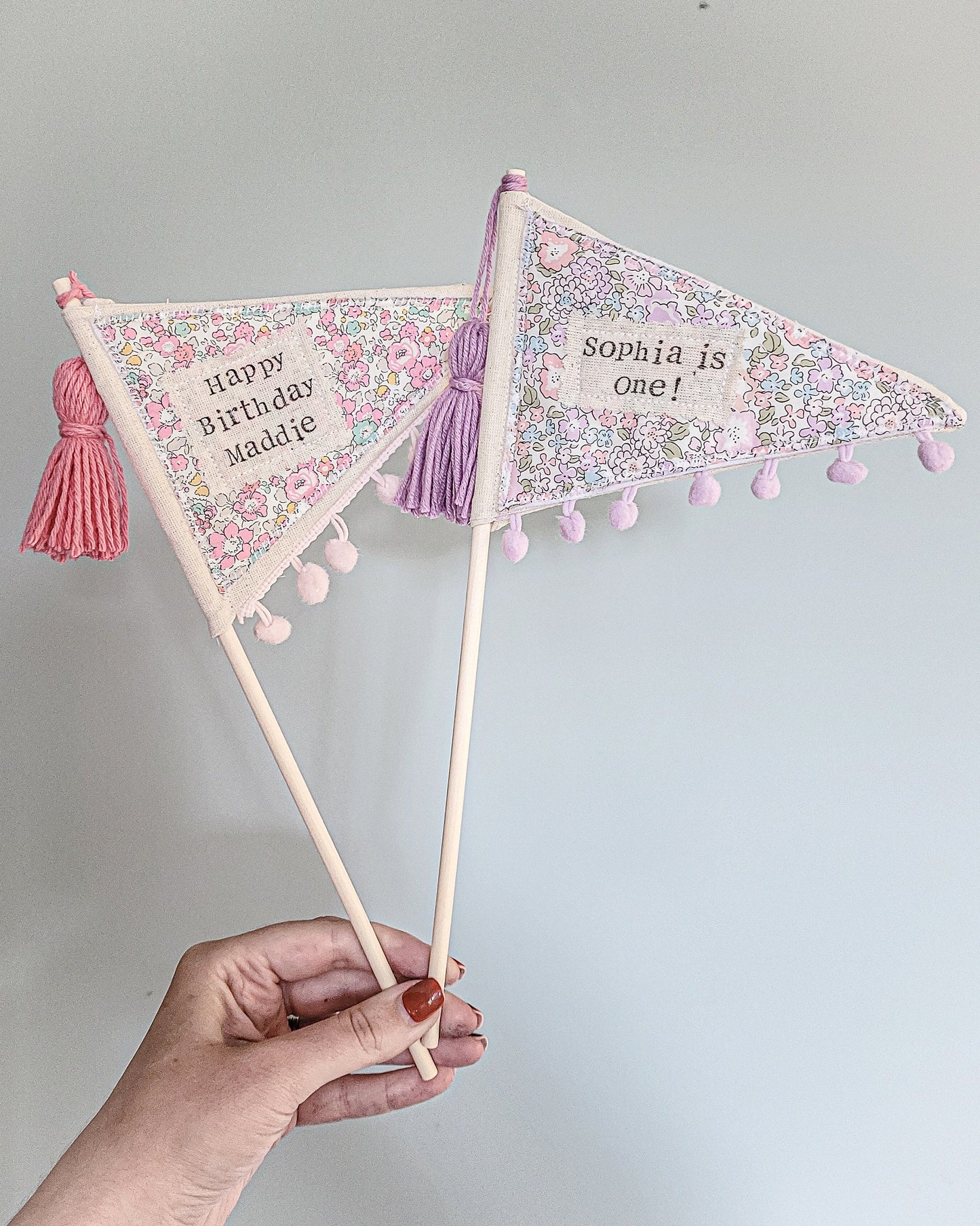 Personalised Birthday Flag cake topper decoration handmade with your choice of Liberty London fabric