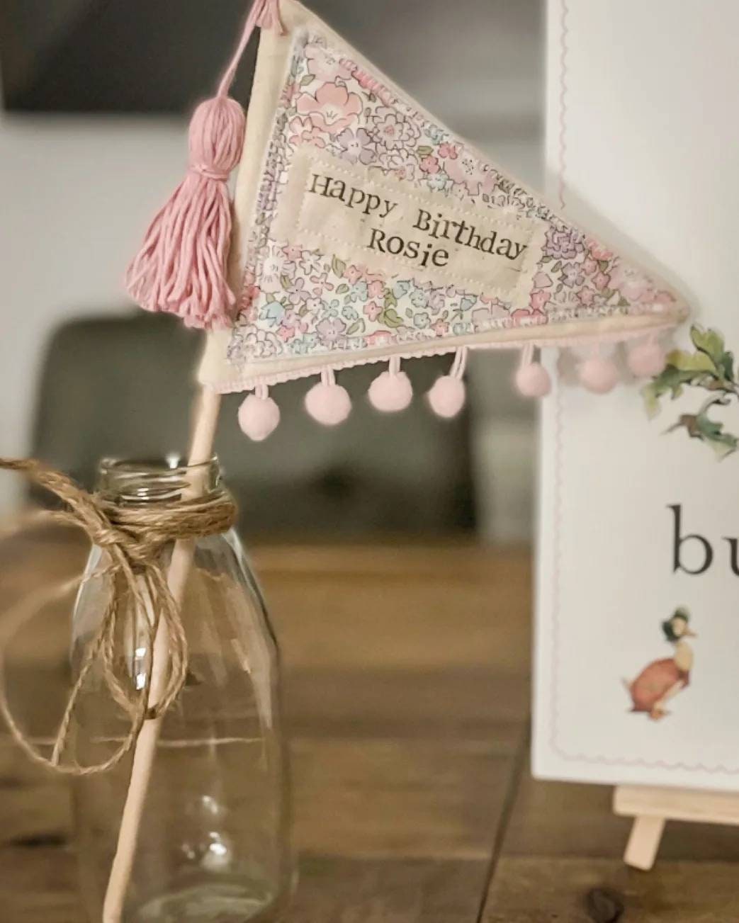 Personalised Birthday Flag cake topper decoration handmade with your choice of Liberty London fabric